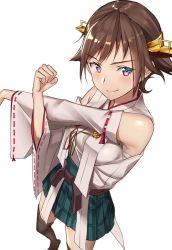 Rule 34 | 1girl, bad id, bad twitter id, blush, boots, breasts, brown hair, closed mouth, detached sleeves, flipped hair, green skirt, hairband, headgear, hiei (kancolle), japanese clothes, kantai collection, looking at viewer, medium breasts, nontraditional miko, pallad, plaid, purple eyes, ribbon-trimmed sleeves, ribbon trim, short hair, skirt, solo, thigh boots, thighhighs, twitter username