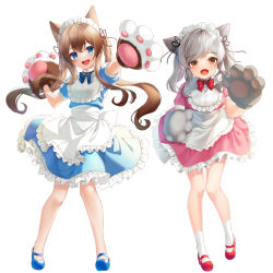 Rule 34 | 2girls, :d, animal ears, animal hands, apron, blue dress, blue eyes, blue footwear, brown eyes, brown hair, cat ears, cat girl, cat tail, commentary request, dress, fang, frilled apron, frills, gloves, grey gloves, grey hair, hair between eyes, long hair, maid, maid headdress, multiple girls, no socks, open mouth, original, paw gloves, pink dress, puffy short sleeves, puffy sleeves, red footwear, rukinya (nyanko mogumogu), shoes, short sleeves, simple background, smile, socks, tail, twintails, very long hair, waist apron, white apron, white background, white gloves, white legwear