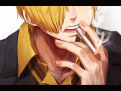 Rule 34 | 1boy, beard, black border, black jacket, blonde hair, border, cigarette, collarbone, collared shirt, facial hair, hair over one eye, head out of frame, highres, jacket, letterboxed, male focus, oekakiboya, one piece, sanji (one piece), shirt, short hair, smoking, solo, wing collar, yellow shirt