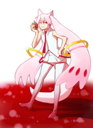 Rule 34 | 10s, 1girl, :3, animal ears, bare shoulders, female focus, full body, gradient background, hand on own hip, hip focus, kyubey, mahou shoujo madoka magica, necktie, personification, pink hair, red eyes, solo, soul gem, tail, thighhighs, white background, zettai ryouiki
