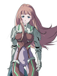 Rule 34 | 1girl, blue eyes, bodysuit, breasts, brown hair, closed mouth, commentary request, helmet, highres, ken marinaris, long hair, looking at viewer, medium breasts, o sho, pilot suit, pink bodysuit, simple background, solo, standing, very long hair, white background, zone of the enders, zone of the enders 2