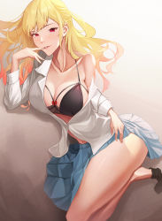 Rule 34 | 1girl, absurdres, black bra, blonde hair, blue skirt, blush, bra, breasts, cleavage, collarbone, finger to mouth, highres, kitagawa marin, lips, long hair, looking at viewer, medium breasts, navel, open clothes, open shirt, purple eyes, shirt, simple background, skirt, smile, socks, solo, sono bisque doll wa koi wo suru, swallow zzy, thighs, underwear, white shirt