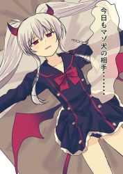 Rule 34 | 1girl, bad id, bad pixiv id, black dress, black panties, black sailor collar, bow, collarbone, demon girl, demon horns, demon wings, dress, dutch angle, evo grim, gluteal fold, grey hair, grim aloe, hair between eyes, highres, honami (yths4221), horns, juliet sleeves, long hair, long sleeves, low wings, lying, on back, open mouth, outstretched arms, panties, puffy sleeves, quiz magic academy, quiz magic academy the world evolve, red bow, red eyes, red wings, sailor collar, sailor dress, sidelocks, solo, spread arms, translation request, twintails, underwear, wings
