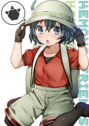 Rule 34 | 10s, 1girl, :o, arms up, black gloves, black hair, black pantyhose, blue eyes, blush, brown footwear, bucket hat, chestnut mouth, clarinet (natsumi3230), collarbone, copyright name, gloves, grey hat, grey shorts, hair between eyes, hands on headwear, hat, hat feather, kaban (kemono friends), kemono friends, kurata rine, looking at viewer, open mouth, pantyhose, pantyhose under shorts, red shirt, shirt, shirt tucked in, shoes, short hair, short sleeves, shorts, sitting, solo, speech bubble, sweat, tareme, wariza, white background