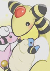 Rule 34 | absurdres, alieli (alishion6), ampharos, animal focus, black eyes, blush, closed mouth, commentary request, creatures (company), evolutionary line, flaaffy, game freak, gen 2 pokemon, highres, looking down, mareep, nintendo, no humans, pokemon, pokemon (creature), sheep, smile