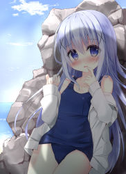 Rule 34 | 1girl, bare shoulders, beach, blue eyes, blue hair, blush, breasts, collarbone, commentary request, covered navel, cowboy shot, day, finger to mouth, gochuumon wa usagi desu ka?, hair between eyes, hair ornament, hairclip, highres, jacket, jacket over swimsuit, kafuu chino, kouda suzu, light blue hair, long hair, long sleeves, looking at viewer, ocean, off shoulder, one-piece swimsuit, open mouth, outdoors, rock, school swimsuit, sidelocks, small breasts, solo, standing, swimsuit, wavy mouth, white jacket, x hair ornament