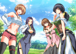 Rule 34 | 4girls, bare shoulders, belt, bird, black hair, blue dress, blue eyes, blue sky, breasts, brown hair, character request, cleavage, closed mouth, cloud, cloudy sky, collarbone, commentary request, day, detached sleeves, dress, elbow gloves, feet out of frame, gloves, grass, hairband, kuon makoto, large breasts, leaning forward, looking at viewer, mountainous horizon, multiple girls, navel, o-ring, official art, open mouth, outdoors, pink dress, ponytail, purple hair, red hairband, red shorts, shorts, sky, standing, thighhighs, tree, yellow eyes, yuusha ni zenbu ubawareta ore wa yuusha no hahaoya to party wo kumimashita!, zettai ryouiki