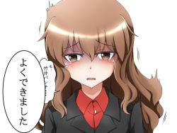 Rule 34 | 1girl, brown eyes, brown hair, collared shirt, crying, crying with eyes open, fernandia malvezzi, isosceles triangle (xyzxyzxyz), jacket, long hair, military, military uniform, open mouth, shaded face, shirt, simple background, solo, speech bubble, strike witches, strike witches: kurenai no majo-tachi, tears, translation request, uniform, wavy mouth, white background, world witches series