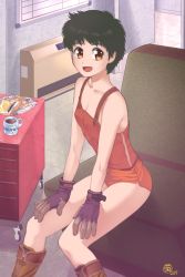 Rule 34 | 1girl, 2017, :d, bare shoulders, black gloves, black hair, boots, brown footwear, chips (food), collarbone, couch, cup, dolphin shorts, female focus, food, gloves, gym shorts, hand on own knee, highres, indoors, izumi noa, kidou keisatsu patlabor, kikumaru bunta, looking at viewer, micro shorts, mug, open mouth, orange eyes, orange shirt, orange shorts, potato chips, shirt, short hair, short shorts, shorts, sitting, smile, solo, tank top, zipper