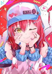 Rule 34 | 1girl, bandaid, bandaid on hand, bare shoulders, baseball cap, bocchi the rock!, character name, closed mouth, elbow rest, green eyes, hairpin, hat, heart, heart collar, highres, jacket, jewelry, kikugawa roku, kita ikuyo, long sleeves, looking at viewer, multiple hairpins, off shoulder, one eye closed, pink jacket, portrait, red hair, ring, solo, spoken heart, upper body
