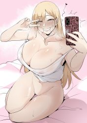 Rule 34 | 1girl, absurdres, bare shoulders, bed sheet, blonde hair, blush, breasts, camisole, cleavage, collarbone, commentary, covered erect nipples, english commentary, fingernails, groin, half-closed eyes, hands up, highres, holding, holding phone, kitagawa marin, long hair, navel, open mouth, phone, pussy juice, puzenketsu, red eyes, sitting, sleeveless, smile, solo, sono bisque doll wa koi wo suru, stomach, sweat, teeth, thigh gap, v, v over eye