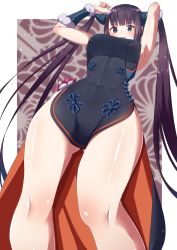 Rule 34 | 1girl, armpits, arms up, bare shoulders, black dress, blue eyes, blunt bangs, blush, border, breasts, china dress, chinese clothes, covered navel, detached sleeves, dress, fate/grand order, fate (series), from below, hair ornament, highres, kawaruhi, large breasts, long hair, looking at viewer, open mouth, perspective, purple background, purple hair, revision, sidelocks, smile, solo, thighs, twintails, very long hair, white border, yang guifei (fate), yang guifei (second ascension) (fate)