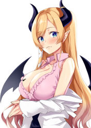 Rule 34 | 1girl, asymmetrical hair, bat tattoo, black skirt, blue eyes, blush, breast tattoo, breasts, cleavage, closed mouth, coat, collarbone, collared shirt, demon horns, demon wings, frilled shirt, frills, hair ribbon, hololive, horns, kosuke (bb), lab coat, large breasts, long hair, looking at viewer, off shoulder, open clothes, open coat, own hands together, parted bangs, pink shirt, pointy ears, ribbon, shirt, shirt tucked in, sidelocks, simple background, skirt, sleeveless, sleeveless shirt, smile, solo, tattoo, upper body, virtual youtuber, white background, white coat, white ribbon, wing collar, wings, yuzuki choco, yuzuki choco (1st costume)