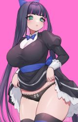 Rule 34 | 1girl, absurdres, black dress, blue bow, blue hair, blue ribbon, blunt bangs, bow, breasts, clothes lift, colored inner hair, dress, dress lift, frilled panties, frills, green eyes, hair bow, highres, large breasts, long hair, midriff peek, multicolored hair, nemuaki, panties, panty &amp; stocking with garterbelt, pink background, pink hair, ribbon, solo, stocking (psg), streaked hair, striped clothes, striped thighhighs, thick thighs, thighhighs, thighs, two-tone hair, underwear