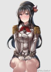 Rule 34 | 1girl, anchor, bad id, bad twitter id, blue eyes, blue hair, blush, breasts, closed mouth, cosplay, gloves, grey background, jacket, juurouta, kantai collection, kashima (kancolle), kashima (kancolle) (cosplay), long hair, long sleeves, looking at viewer, military, military jacket, military uniform, miniskirt, naval uniform, one-hour drawing challenge, samidare (kancolle), simple background, sitting, skirt, small breasts, solo, twitter username, uniform, white background, white gloves