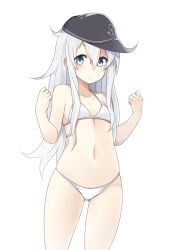 Rule 34 | 10s, 1girl, bad id, bad pixiv id, bare shoulders, bikini, blue eyes, clenched hands, flat chest, hat, hibiki (kancolle), highres, kantai collection, looking at viewer, navel, simple background, solo, suruga (xsurugax), swimsuit, white background, white bikini, white hair
