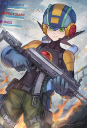 Rule 34 | 1boy, absurdres, assault rifle, black bodysuit, blue helmet, bodysuit, brown hair, call of duty, character name, commentary, covered collarbone, cowboy shot, dollar sign, emblem, english commentary, fire, green eyes, green pants, gun, headset, health bar, helmet, highres, holding, holding gun, holding weapon, indoors, male focus, mega man (series), mega man battle network (series), megaman.exe, pants, preamchu (panisarepream), rifle, smile, solo, twitter username, weapon, weapon request
