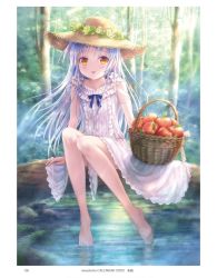 Rule 34 | 1girl, alternate costume, angel beats!, apple, basket, day, dress, food, forest, frilled dress, frills, fruit, full body, goto p, hat, highres, long hair, looking at viewer, nature, outdoors, silver hair, sitting, smile, soaking feet, solo, straw hat, tenshi (angel beats!), tree, water, white dress, yellow eyes