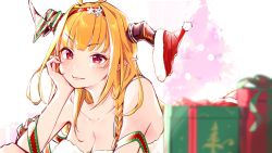 Rule 34 | 1girl, ahoge, alternate costume, asymmetrical hair, bare shoulders, blonde hair, blurry, blurry foreground, blush, bow, box, braid, breasts, christmas, christmas tree, cleavage, closed mouth, collarbone, commentary, depth of field, diagonal-striped bow, dragon horns, dress, fur-trimmed dress, fur trim, gift, gift box, green ribbon, hair ornament, hairband, hand on own cheek, hand on own chin, hand on own face, hat, hat on horn, head rest, highres, hololive, horn bow, horn ornament, horns, kiryu coco, lips, long hair, looking at viewer, lying, medium breasts, multicolored hair, off-shoulder dress, off shoulder, on stomach, orange hair, pointy ears, pom pom (clothes), red eyes, red headwear, red ribbon, ribbon, santa dress, santa hat, side braid, simple background, single braid, smile, snowflake hair ornament, solo, streaked hair, symbol-only commentary, two-tone hair, unworn hat, unworn headwear, virtual youtuber, white background, yuyaiyaui