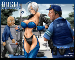 Rule 34 | 1girl, 2boys, ?, ahoge, angel (kof), black panties, blue eyes, blush, bra, breasts, chaps, character name, copyright name, covered erect nipples, cropped jacket, cuffs, dated, drooling, fingerless gloves, gloves, hair over one eye, handcuffs, jacket, large breasts, leather, leather jacket, looking at breasts, midriff, motor vehicle, motorcycle, multiple boys, narrow waist, navel, off shoulder, old, old man, open clothes, open jacket, open mouth, panties, police, police uniform, policeman, short hair, snk, staring, strapless, strapless bra, the king of fighters, unbalance, underwear, uniform, vehicle, watermark, web address, white hair