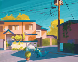 Rule 34 | blue sky, building, commentary, creatures (company), english commentary, fuchsia city, game freak, gen 1 pokemon, grass, highres, house, nintendo, outdoors, plant, pokemon, pokemon (creature), potted plant, power lines, road, sidewalk, sign, simone mandl, sky, utility pole, vaporeon, water