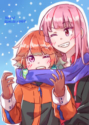 2girls absurdres alternate_costume blush breasts cheek-to-cheek coat couple earrings feather_earrings feathers gradient_hair green_hair heads_together highres hololive hololive_english jewelry large_breasts long_hair mittens mori_calliope multicolored_hair multiple_girls open_mouth orange_hair pink_hair purple_eyes scarf shared_clothes shared_scarf smile snow snowing takanashi_kiara virtual_youtuber winter winter_clothes winter_coat xu_chin-wen yuri