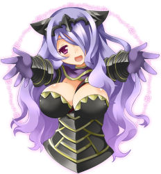 Rule 34 | 1girl, armor, breasts, camilla (fire emblem), cleavage, fire emblem, fire emblem fates, gradient background, hair over one eye, long hair, momosemocha, nintendo, outstretched arms, purple eyes, purple hair, solo