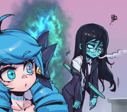 Rule 34 | 2girls, :o, ahoge, alternate costume, bespectacled, black bow, black jacket, black pants, bow, collarbone, colored skin, drill hair, glasses, green hair, green skin, grey shirt, gwen (league of legends), hair bow, holding, jacket, kalista, league of legends, long hair, multiple girls, off shoulder, pants, phantom ix row, pink background, shirt, smoke, squiggle, symbol-shaped pupils, twin drills, twintails, x-shaped pupils