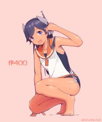 Rule 34 | 1girl, :d, barefoot, black hair, black one-piece swimsuit, character name, dated, highres, i-400 (kancolle), kantai collection, long hair, nakaaki masashi, one-piece swimsuit, open mouth, orange sailor collar, pink background, purple eyes, sailor collar, sailor shirt, school swimsuit, shirt, simple background, sleeveless, sleeveless shirt, smile, solo, swimsuit, swimsuit under clothes, twitter username, white shirt