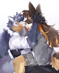 Rule 34 | 1boy, 1girl, animal ears, black eyes, blush, body fur, borrowed character, bright pupils, brown hair, chest harness, collared shirt, commentary request, dog ears, dog tail, furry, furry male, german shepherd, grey fur, grey hair, grey jacket, grey skirt, grin, hand on another&#039;s face, hands in hair, hands on another&#039;s head, harness, hetero, highres, jacket, long hair, long sleeves, looking at another, multicolored hair, oji (norahasu), orange hair, original, plaid, plaid skirt, rata (norahasu), red eyes, shirt, short hair, simple background, sitting, sitting on lap, sitting on person, skirt, smile, streaked hair, tail, upper body, very short hair, white background, white shirt, wolf boy, wolf ears, wolf tail