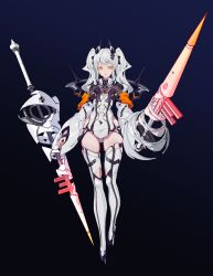 Rule 34 | 1girl, absurdres, breasts, cancell, dual wielding, full body, gradient background, headgear, highres, holding, holding lance, holding polearm, holding weapon, lance, leotard, long hair, looking at viewer, orange eyes, original, polearm, science fiction, small breasts, solo, thighhighs, twintails, weapon, white hair, white thighhighs, wide sleeves