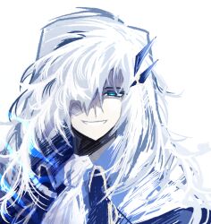 Rule 34 | 1boy, argalia (project moon), ascot, blue eyes, blue jacket, jacket, library of ruina, long hair, looking at viewer, looperioo, male focus, parted lips, portrait, project moon, simple background, smile, solo, white ascot, white background, white hair