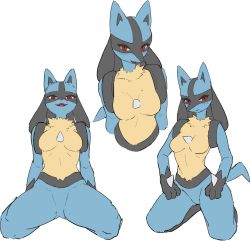 Rule 34 | 1girl, animal ears, animal hands, black fur, blue fur, blush, body fur, breasts, closed mouth, completely nude, creatures (company), cropped torso, fang, fangs, female focus, flat color, full body, furry, furry female, game freak, gen 4 pokemon, groin, half-closed eyes, hands on own thighs, happy, highres, kneeling, light blush, looking at viewer, lucario, medium breasts, multicolored fur, multiple views, nintendo, no nipples, no pussy, nude, open mouth, pokemon, pokemon (creature), red eyes, simple background, sketch, skin fang, skin fangs, smile, snout, spikes, spread legs, straight-on, tail, thighs, tongue, upper body, white background, wolf ears, wolf girl, wolf tail, yawar, yellow fur