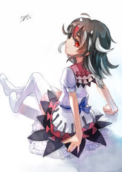 Rule 34 | 1girl, absurdres, arm support, black hair, blue bow, bow, dress, grey horns, highres, horns, kijin seija, looking at viewer, multicolored hair, myero, puffy short sleeves, puffy sleeves, red eyes, red hair, shadow, short sleeves, sitting, smile, solo, touhou, white hair, white legwear