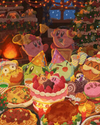 Rule 34 | blue eyes, burger, cake, candy, candy cane, christmas, christmas ornaments, christmas tree, closed eyes, commentary, cup, drink, fire, fireplace, food, garland (decoration), green eyes, hat, highres, holding, holding cup, kirby, kirby (series), miclot, nintendo, party hat, pasta, pizza, snowing, spaghetti, swiss roll, turkey (food), waddle dee, wind