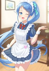 Rule 34 | 1girl, alternate costume, aomi one, apron, arm up, blue dress, blue eyes, blue hair, blurry, blurry background, blush, commentary request, dress, enmaided, frilled dress, frills, highres, indoors, kantai collection, long hair, looking at viewer, maid, maid apron, maid headdress, name tag, one eye closed, open mouth, ponytail, puffy short sleeves, puffy sleeves, samidare (kancolle), short sleeves, sidelocks, solo, swept bangs, very long hair, wrist cuffs