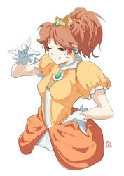 Rule 34 | 1girl, alternate eye color, automatic giraffe, breasts, brown hair, commentary, crown, dress, earrings, english commentary, flower earrings, gloves, hair behind ear, hand on own hip, jewelry, juliet sleeves, long sleeves, m/, mario (series), medium breasts, nintendo, one eye closed, orange dress, ponytail, princess daisy, puffy sleeves, red eyes, smile, solo, super mario land, tomboy, tongue, tongue out, upper body, white gloves