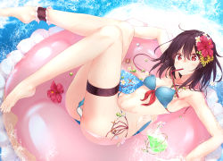 Rule 34 | 1girl, absurdres, armpits, bad id, bad pixiv id, bare arms, bare legs, bare shoulders, barefoot, bikini, black hair, blue bikini, breasts, bridal garter, cleavage, commentary request, cup, drinking glass, drinking straw, feet, flower, front-tie bikini top, front-tie top, hair between eyes, hair flower, hair ornament, hibiscus, highres, innertube, legs up, looking at viewer, numpopo, original, red eyes, red flower, short hair, side-tie bikini bottom, small breasts, solo, sunflower, swim ring, swimsuit, thigh strap, water, yellow flower