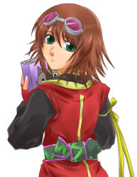 Rule 34 | 00s, 1girl, book, brown hair, female focus, goggles, green eyes, rita mordio, short hair, simple background, solo, tales of (series), tales of vesperia, white background