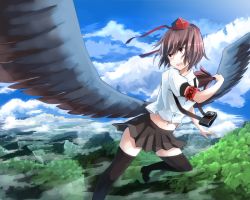 Rule 34 | 1girl, :d, armband, black skirt, black thighhighs, black wings, blue sky, brown hair, camera, cloud, cloudy sky, day, feathered wings, flying, forest, hand fan, hat, holding, koke (moromiso), looking back, mountain, nature, open mouth, outdoors, puffy short sleeves, puffy sleeves, red eyes, red hat, scenery, shameimaru aya, shirt, short hair, short sleeves, shorts, skirt, sky, smile, solo, spread wings, thighhighs, tokin hat, touhou, tree, wind, wings, zettai ryouiki