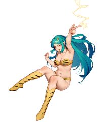 Rule 34 | 1girl, animal print, arm up, beeeeen, bikini, blue hair, breasts, cleavage, electricity, electrokinesis, full body, highres, horns, index finger raised, long hair, looking at viewer, lum, medium breasts, navel, one eye closed, open mouth, outstretched arm, pointing, pointy ears, print bikini, print footwear, red eyes, simple background, solo, stomach, strapless, strapless bikini, swimsuit, tiger print, urusei yatsura, very long hair
