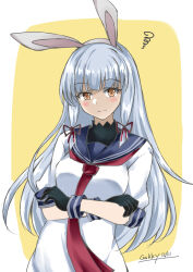 Rule 34 | 1girl, animal ears, artist name, black gloves, blunt tresses, blush, border, closed mouth, crossed arms, dated, fake animal ears, gakky, gloves, grey hair, kantai collection, long hair, looking at viewer, murakumo (kancolle), necktie, one-hour drawing challenge, rabbit ears, red necktie, school uniform, serafuku, short sleeves, solo, squiggle, very long hair, white border, yellow background, yellow eyes