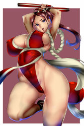 Rule 34 | 1girl, absurdres, arms up, ass, bare legs, bare shoulders, breasts, cameltoe, curvy, fatal fury, floating hair, high ponytail, highleg, highleg leotard, highres, huge breasts, judge (oekaki), jumping, kunoichi, leotard, leotard under clothes, long hair, looking at viewer, partially visible vulva, ponytail, red leotard, shiranui mai, solo, thong leotard, wide hips