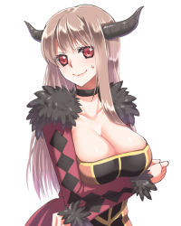 Rule 34 | &gt;:), 10s, 1girl, argyle, breasts, brown hair, choker, cleavage, emappo, fur trim, horns, large breasts, long hair, long sleeves, maou (maoyuu), maoyuu maou yuusha, nervous, red eyes, solo, sweatdrop, v-shaped eyebrows, white background
