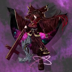 Rule 34 | 1girl, alternate costume, alternate weapon, arm cannon, boots, bow, cape, female focus, gloves, hair bow, long hair, makurakabar, red eyes, reiuji utsuho, solo, touhou, weapon, wings