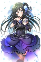 Rule 34 | 1girl, absurdres, aoyagi tsubaki, bakkanda, black choker, black dress, black nails, blue petals, choker, closed mouth, d4dj, dress, fishnet thighhighs, fishnets, flower, green hair, grey eyes, highres, holding, holding microphone stand, long hair, looking at viewer, microphone stand, multicolored clothes, multicolored dress, off-shoulder dress, off shoulder, purple dress, purple flower, purple rose, rose, smile, solo, thighhighs, white background
