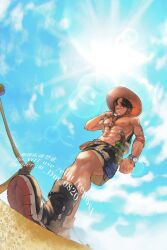 Rule 34 | 1boy, arm tattoo, black hair, boots, clenched hand, cloud, commentary, dm 0820, elbow pads, hat, highres, jewelry, male focus, necklace, one piece, orange hat, portgas d. ace, short hair, shorts, sky, smile, solo, sun, symbol-only commentary, tattoo, topless male