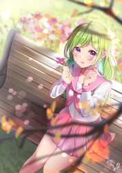 Rule 34 | 1girl, absurdres, bench, blush, commentary request, flower, green hair, highres, long hair, long sleeves, looking at viewer, materu (2532), open mouth, original, pink skirt, purple eyes, school uniform, short hair, skirt, smile, solo, tears, thighs