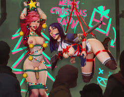 Rule 34 | arcane caitlyn, arcane vi, arms behind back, ball gag, bdsm, blue eyes, blue hair, blush, bondage, bound, breasts, caitlyn (league of legends), christmas ornaments, cleavage, english text, gag, gagged, gloves, gun, hat, league of legends, long hair, medium breasts, merry christmas, multiple girls, nipple bar, nipple piercing, nipples, piercing, pink hair, public indecency, public vibrator, pussy, red ribbon, restrained, ribbon, rifle, rope, sane-person, sex toy, shibari, short hair, star (symbol), suspension, traditional media, vi (league of legends), vibrator, weapon