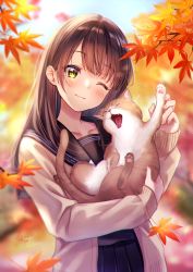 Rule 34 | 1girl, ;), amagi shino, animal, autumn, autumn leaves, blurry, blurry background, brown hair, cat, collarbone, fangs, hair between eyes, highres, holding, holding animal, holding cat, leaf, long hair, long sleeves, maple leaf, one eye closed, original, school uniform, serafuku, signature, smile, solo, tongue, tongue out, yellow eyes